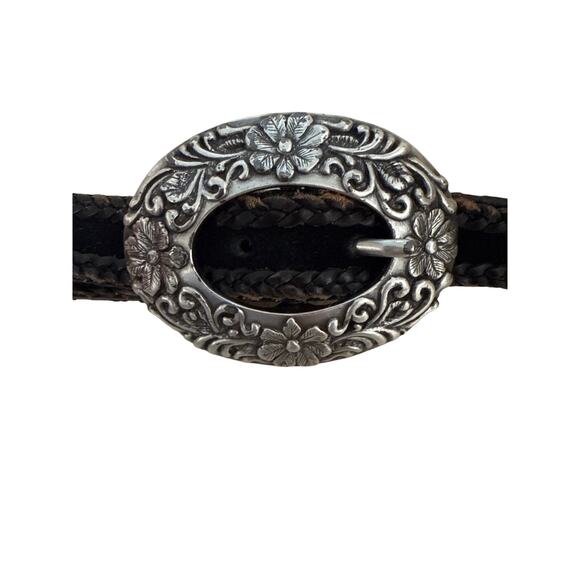 Y2K Coldwater Creek Woven Leather Suede Big Buckle Silver Floral Belt Small - Picture 1 of 6